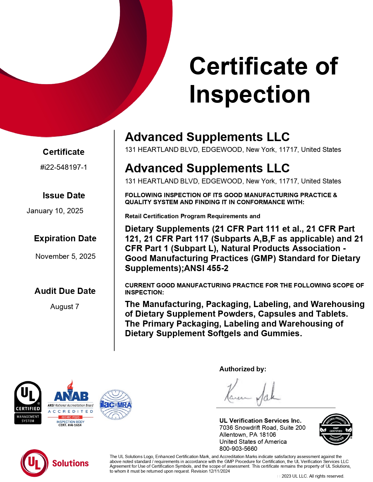 Advanced Supplements LLC - Certificate