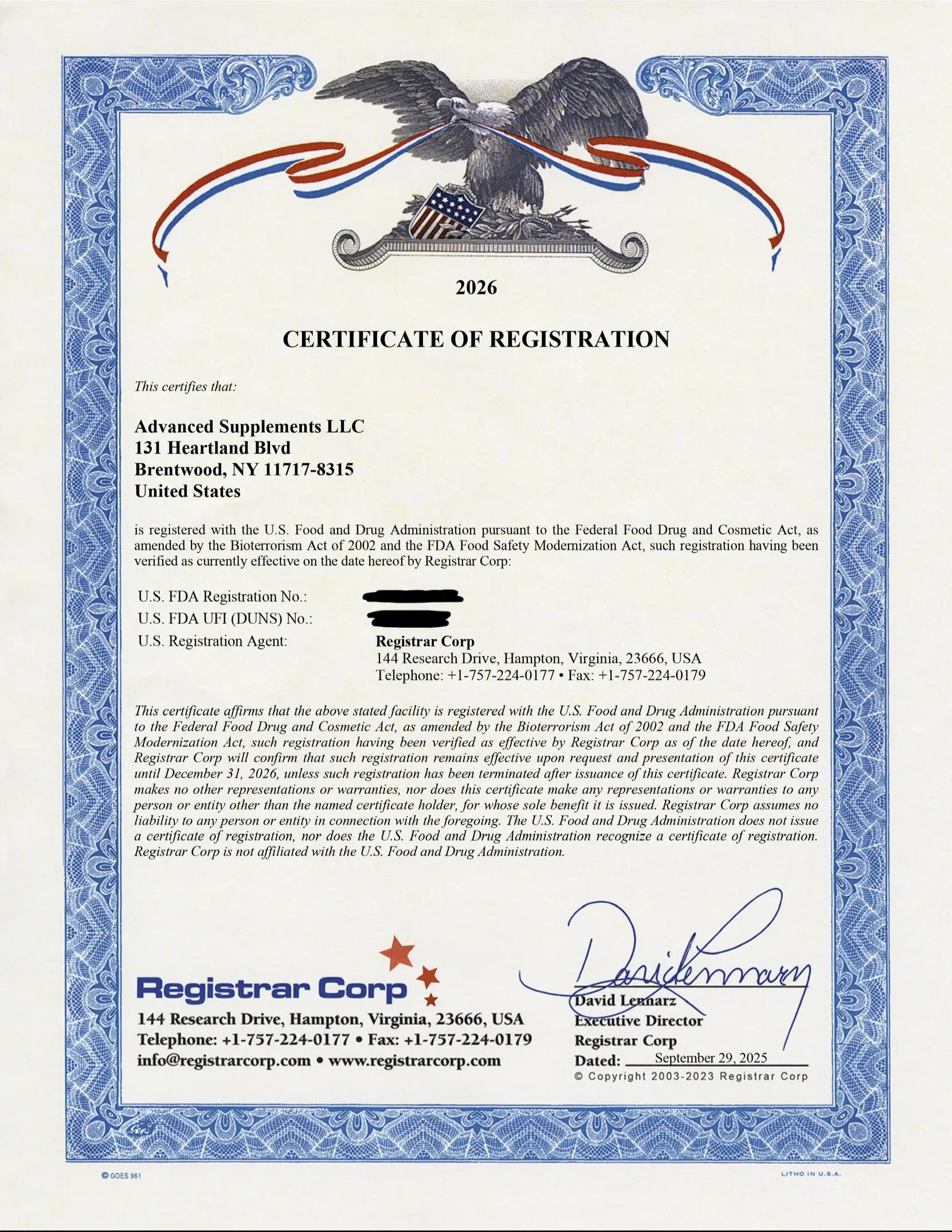FDA Certificate of Registration 2026